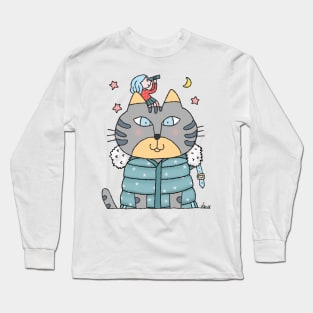 Gray Cat In Puffy Coat with a Pretty Stargazer on Head Long Sleeve T-Shirt